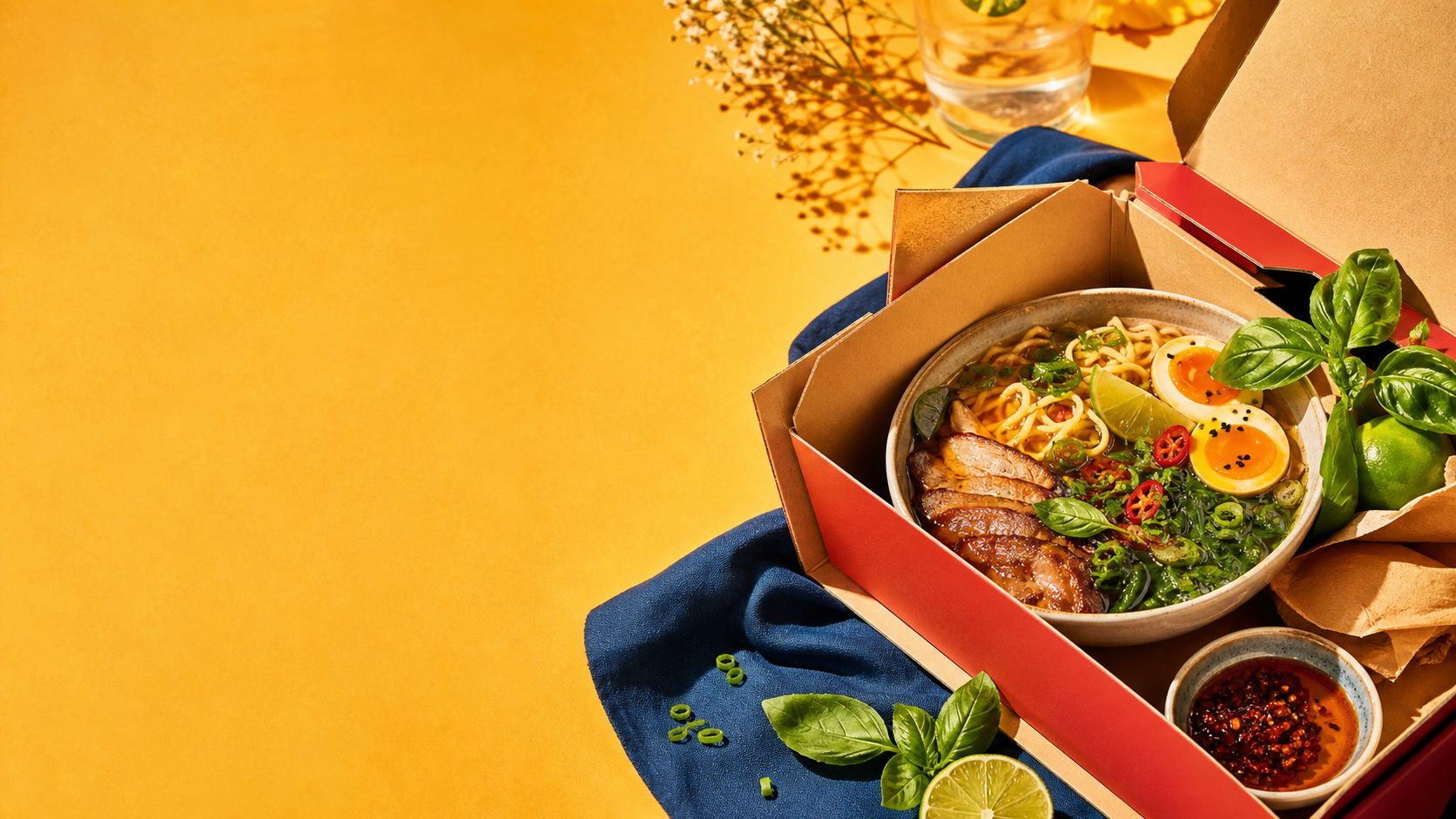 A premium ramen meal presented in colorful takeout packaging
